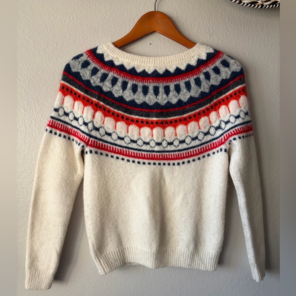 GAP Mohair Wool Blend Fair Isle Nordic Crew Neck Sweater Cream Women XS